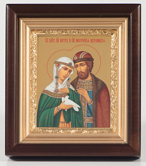 Икона в киоте 11х13 сложный, темпера, рамка золочёная Петр и Феврония 1