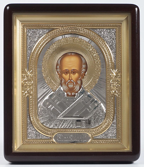 Икона в киоте 18х24 фигурный, темпера, риза объёмная, никель, золочение Николай Чудотворец Икона в киоте 18х24 фигурный, темпера, риза объёмная, никель, золочение Николай Чудотворец