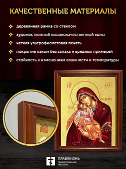 Икона Божией Матери Сладкое Лобзание Гликофилуса с золочением, деревянная рамка со стеклом 15х18х2 с