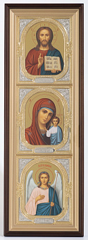 Икона в киоте 20х70 сложный, темпера, риза-рамка объемная, открытая, золочение, никелирование