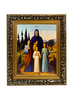 Именная икона Вера Надежда Любовь и София Римские с кипарисами на холсте в киоте 044