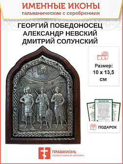 Именная икона 058 020 067 Георгий Победоносец Александр Невский Дмитрий Солунский гальваника кристал