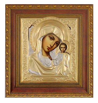 Икона живописная в киоте 24х30 масло, риза №30, матовое золочение, киот №22 Казанская БМ