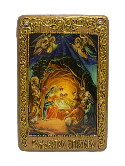 Настольная икона ''Рождество Господа Бога и Спаса нашего Иисуса Христа'' на мореном дубе