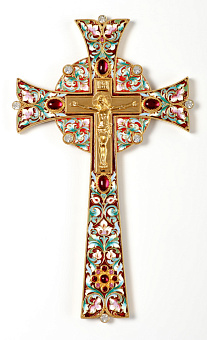 Крест напрестольный №17 литьевое распятие, филигрань, эмаль, лазерная гравировка, золочение
