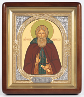 Икона в киоте 18х24 фигурный, темпера, риза-рамка объемная, открытая, золочёная, никелирование Сергий Радонежский