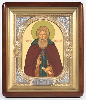 Икона в киоте 18х24 фигурный, темпера, риза-рамка объемная, открытая, золочёная, никелирование Сергий Радонежский