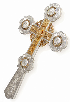 Крест напрестольный литьевые лики, распятие, лучи, гравировка / золочение / серебро (УИН)