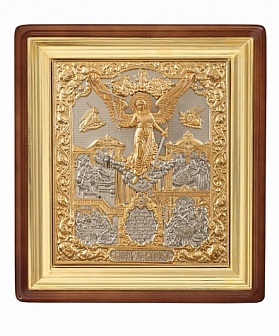 Икона живописная в киоте 24х30 масло объемная риза №264 золочение золоченый подрамник Ангел Хранитель
