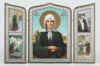 Складни деревянные 19х28 трёхстворчатые, двойное тиснение, фигурные, в упаковке Ксения Петербургская блж.