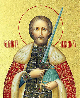 Икона Александр Невский благоверный князь с золочением, деревянная рамка со стеклом 15х18х2 см 020