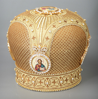 Митра №082 глазет вышивка а/м 5 юв.икон, стр.дорожки, стразы в футляре