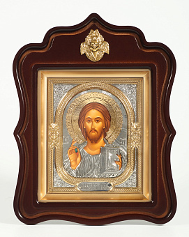 Икона в киоте 18х24 фигурный с навершием, темпера, риза объемная, частично золочёная