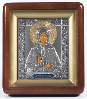 Икона в киоте 11х13 фигурный, темпера, риза, никель, эмаль Матрона