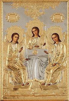 Икона живописная Святой Троицы 50х70, масло, риза №85, золочение