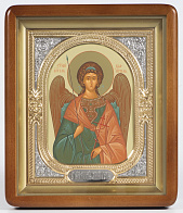 Икона в киоте 18х24 фигурный, темпера, риза-рамка объемная, открытая, золочёная, никелирование Ангел-Хранитель