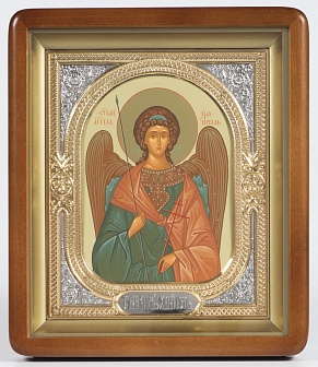 Икона в киоте 18х24 фигурный, темпера, риза-рамка объемная, открытая, золочёная, никелирование Ангел-Хранитель