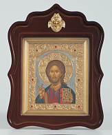 Икона в киоте 18х24 фигурный с навершием, темпера, риза объемная, золочение, никелир, без цаты Спаситель