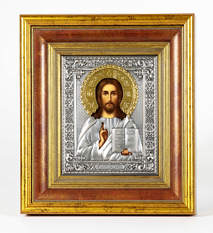 Икона живописная в киоте 18х24 масло, риза №242, черненое серебрение, киот №22 Спаситель