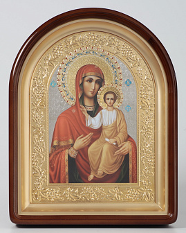 Икона в киоте 24х30 сложный, арочный, фото, риза объемная, открытая, золочение, эмаль Смоленская БМ