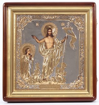 Икона живописная в киоте 30х40 масло, объемная риза №259 золочение, золоченый подрамник