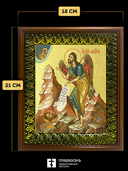 Икона Иоанн пророк Предтеча и Креститель Господень с золочением, деревянная рамка с басмой и стеклом Икона Иоанн пророк Предтеча и Креститель Господень с золочением, деревянная рамка с басмой и стеклом
