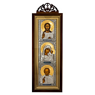 Икона в киоте 20х50 сложный с резным навершием, темпера, риза, золочение, никель, эмаль