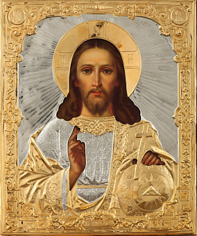 Икона живописная Спасителя 24х30, масло, риза №120, золочение Икона живописная Спасителя 24х30, масло, риза №120, золочение