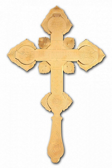 Крест напрестольный №4 5-финифтей, филигрань, эмаль, роспись, хим.гравировка /золочение/
