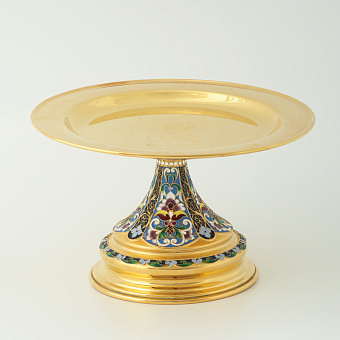 Дискос с поддискосником / ф240мм-конус потира 0, 5л / филигрань, эмаль, ручная гравировка / золочение Дискос с поддискосником / ф240мм-конус потира 0, 5л / филигрань, эмаль, ручная гравировка / золочение