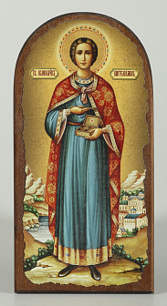 Икона на дереве 11х22 арочная, канвас, упаковка Пантелеимон