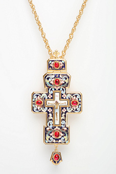 Крест наперсный филигрань №0026 одинарный рант финифть, роспись / золочение Крест наперсный филигрань №0026 одинарный рант финифть, роспись / золочение