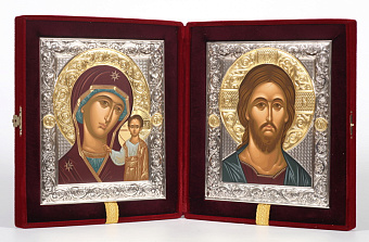 Cкладень "Господь Вседержитель, Богородица Казанская", темпера, золото, риза из никеля, футляр с бархатом, 18х24 см