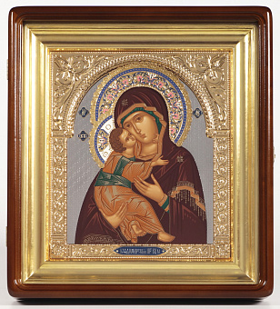 Икона живописная в киоте 24х30 темпера, риза открытая, никель, эмаль, киот №1 Владимирская БМ Икона живописная в киоте 24х30 темпера, риза открытая, никель, эмаль, киот №1 Владимирская БМ