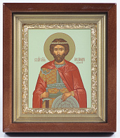 Икона в киоте 11х13 сложный, темпера, рамка золочёная Александр Невский