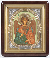 Икона в киоте 18х24 фигурный, темпера, венчик, риза-рамка объемная, открытая, золочение Ангел-Хранитель