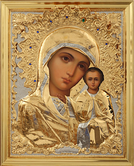 Икона живописная Божией Матери «Казанская» 50х65, масло, риза №203, золочение, камни