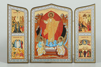 Складни деревянные 19х28 трёхстворчатые, двойное тиснение, фигурные, в упаковке Воскресение Христово 27