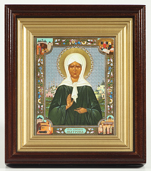 Икона в киоте 11х13 сложный, двойное тиснение Матрона с клеймами