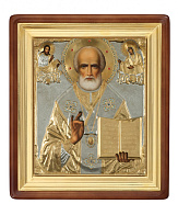 Икона живописная в киоте 100х120 масло, риза №167 эмаль, камни, киот №1 Николай Чудотворец