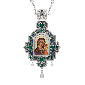 Панагия №1415 / Фианиты деколь, эмаль / серебрение / Казанская БМ