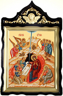Киот фигурный с резным навершием под икону 30х40 Рождество Христово