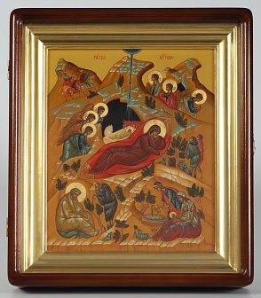Икона живописная в киоте 24х30 масло, золоченый нимб, золоченый подрамник