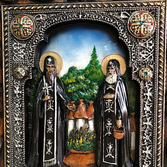 Икона Преподобные Зосима и Савватий, резная из дерева