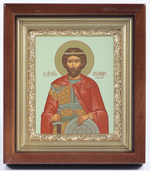 Икона в киоте 11х13 сложный, темпера, рамка золочёная Александр Невский