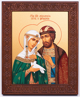 Икона на дереве 18х22 прокат, ковчег с резным обрамлением, упаковка Петр и Феврония 1