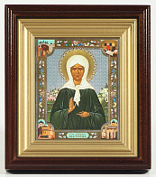 Икона в киоте 11х13 сложный, двойное тиснение Матрона с клеймами