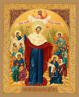 Икона Божией Матери Всех скорбящих Радость с золочением, деревянная рамка с басмой и стеклом 18х21х2