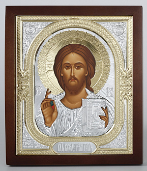 Икона в киоте 18х24 фигурный №2 темпера, без подрамника, риза объёмная №1 Спаситель