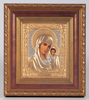Икона живописная в киоте 18х24 темпера, риза №244 част / золочёная, багетный подрамник и рубашка Казанская БМ